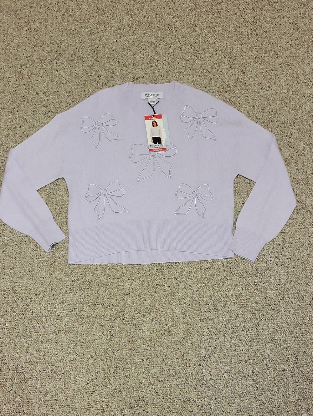 Bridgerton X Shondaland  Lavender Bow Embroidered Sweater XS New Soft Grandma